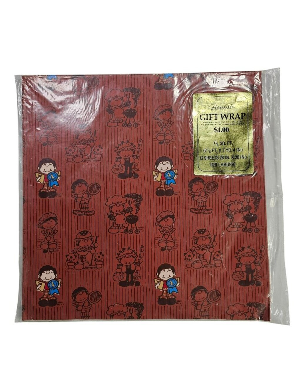 Flourish Vintage Gift Wrap Wrapping Paper 2 Sheets 26x20" Red w/ Cartoon #1 Boy